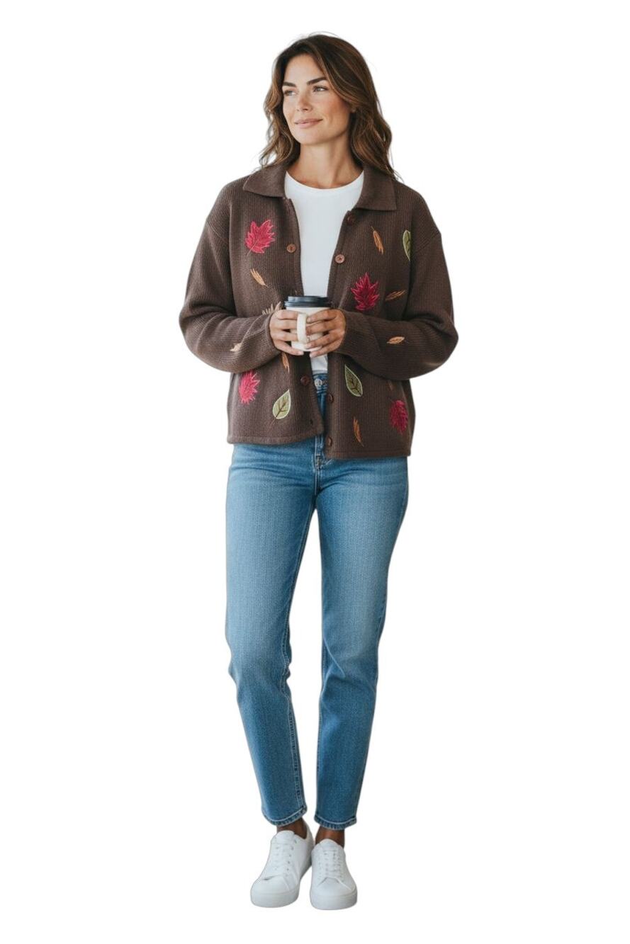 CC Hughes Brown Sweater w/Fall leaves motif Size XL